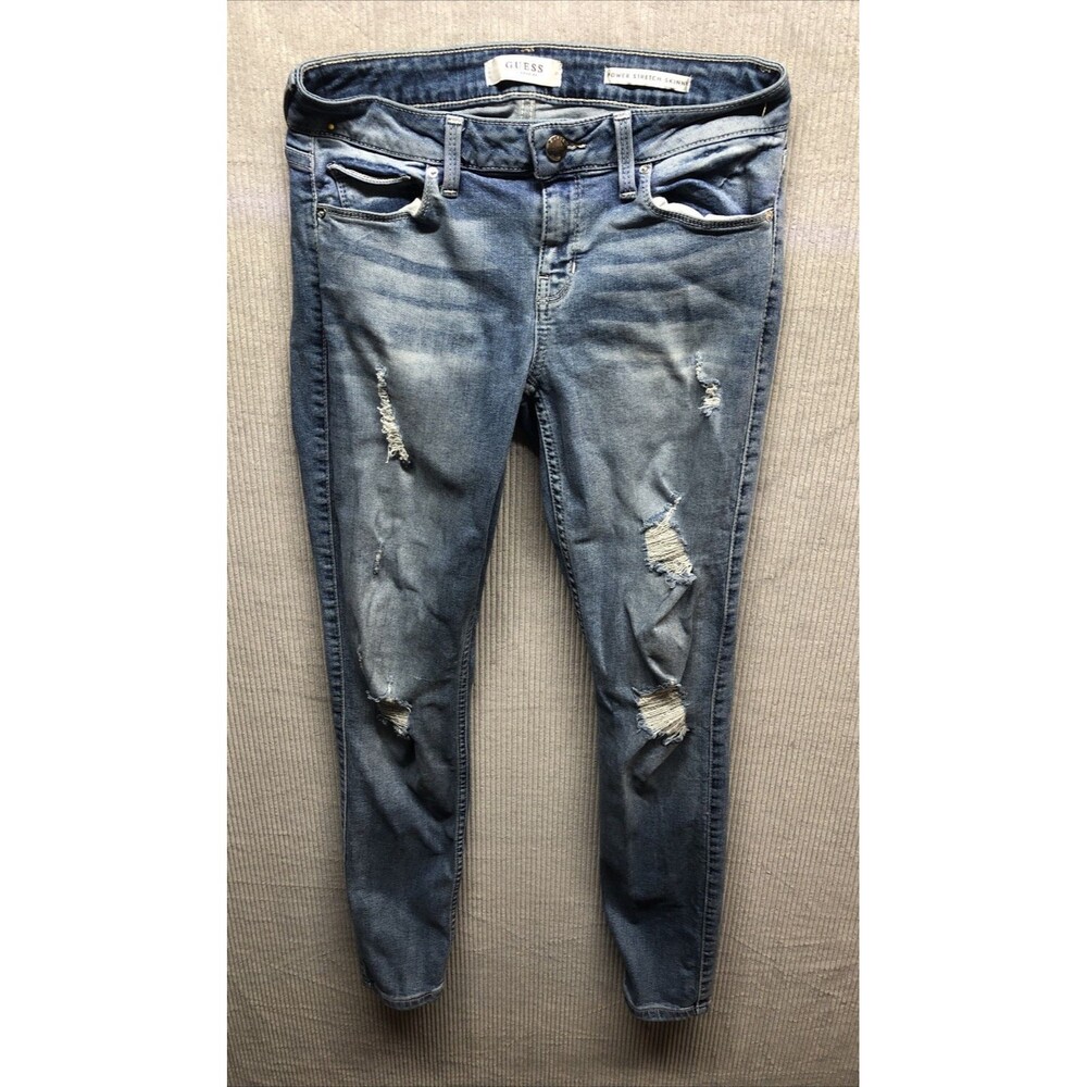 Guess Denim Jeans Size 27R Power Stretch Skinny Distressed Factory Destroyed